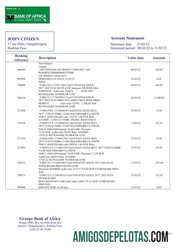 Modelo de extrato bancário do Banco da África para impressão em Burkina Faso, formato Word e PDF